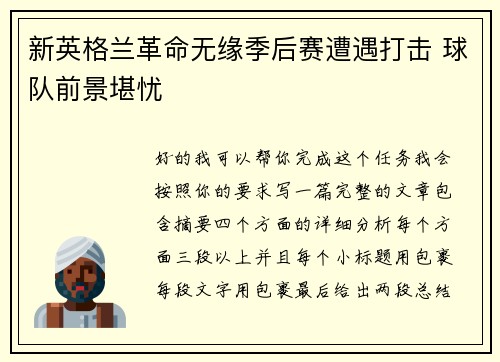 新英格兰革命无缘季后赛遭遇打击 球队前景堪忧